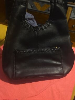 Leslie Fay Black Leather Shoulder Bag with Woven Trim